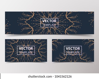 Vector banners of floral ornaments on dark background. Set web banner templates for advertising and attracting customers with polygonal abstract shapes, circles, lines.
