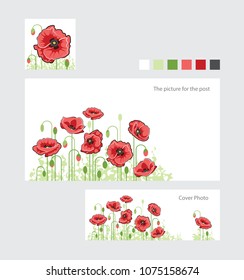 Vector banners with flower, templates, card. Banner Design Anzas Day. Vector illustration of red poppies on white background. 