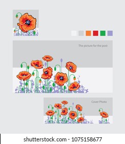 Vector banners with flower, templates, card. Banner Design Anzas Day. Vector illustration of red poppies on grey background. 
