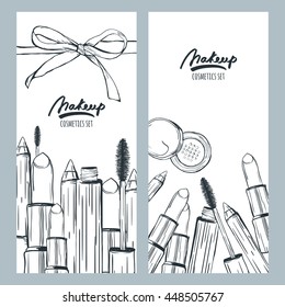 Vector banners or flyers with hand drawn illustration of makeup cosmetics. Sketch of lipstick, mascara, face powder, pencil, isolated on white background. Design concept for cosmetics label, makeup.