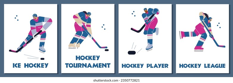 Vector banners, flyers set hockey players, women's hockey league. Cartoon line art hockey player picks up the puck with hockey stick on the ice. Olympic Winter Game illustrations