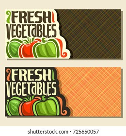 Vector banners for Fresh Vegetables with copy space: original font for words fresh vegetables, organic cucumber, farming tomato, green pepper on geometric background, vegetable mix for vegan nutrition