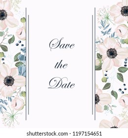 Vector banners with garden anemones flowers. Romantic design for women products. Can be used as greeting card or wedding invitation.