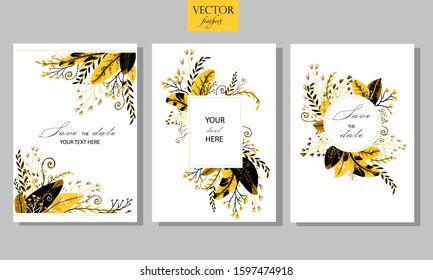 Vector banners of gold and black feathers and twigs. Can be used as a greeting card or wedding invitation.
