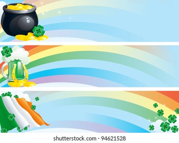 Vector banners with green beer, clover leaves, pot of gold coins on background with rainbow for St. Patrick's Day.