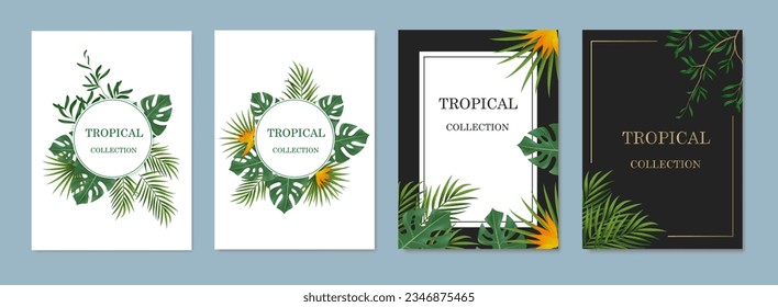 Vector banners with green tropical leaves, jungle. Exotic botanical suitable for posters, greeting cards, banners or,  invitations on a black background.