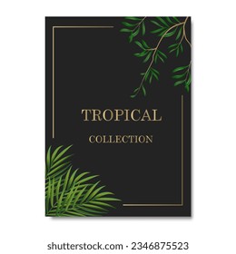 Vector banners with green tropical leaves, jungle. Exotic botanical suitable for posters, greeting cards, banners or,  invitations on a black background