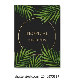 Vector banners with green tropical leaves, jungle. Exotic botanical suitable for posters, greeting cards, banners or,  invitations on a black background