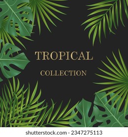 Vector banners with green tropical leaves, jungle. Exotic botanical suitable for posters, greeting cards, banners or,  invitations on a black background