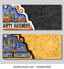 Vector banners for Halloween holiday with copy space, orange and blue carved pumpkins, moon above old house, original brush typeface for words happy halloween, flyers with spooky Jack o Lanterns.