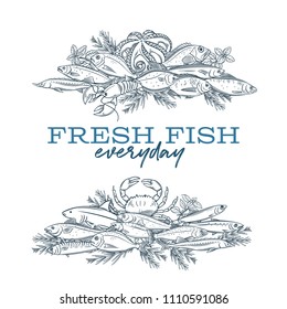 Vector banners hand drawn fish. Design seafood with bream, mackerel, tunny or sterlet, codfish and halibut. Outline icon tilapia, ocean perch, sardine, anchovy, sea bass and dorado. Retro style.