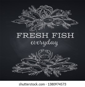 Vector banners hand drawn fish. Blackboard seafood with bream, mackerel, tunny or sterlet, codfish and halibut. Outline tilapia, ocean perch, sardine, anchovy, sea bass and dorado for fish shop.