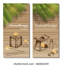 Vector banners with hand-drawn objects for aromatherapy. Sketch. It can be used as a poster, banner or advertisement for a beauty salon.