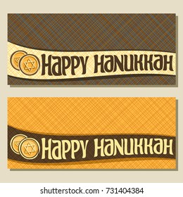 Vector banners for Hanukkah holiday with copy space, greeting cards with golden coins, original decorative text happy hanukkah on abstract geometric background, chocolate tokens with star of David.