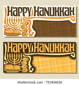 Vector banners for Hanukkah holiday with copy space, greeting cards with golden menorah, set of dreidels & sufganiyot doughnuts, original decorative font for text happy hanukkah on abstract background