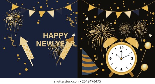 vector banners for Happy New Year celebrations. Features clocks at midnight, fireworks, champagne, confetti and party hats. Ideal for web headers, greetings and social media.