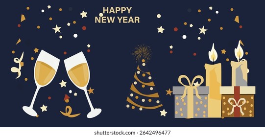 vector banners for Happy New Year celebrations. Features clocks at midnight, fireworks, champagne, confetti and party hats. Ideal for web headers, greetings and social media.