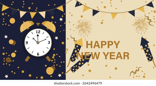 vector banners for Happy New Year celebrations. Features clocks at midnight, fireworks, champagne, confetti and party hats. Ideal for web headers, greetings and social media.