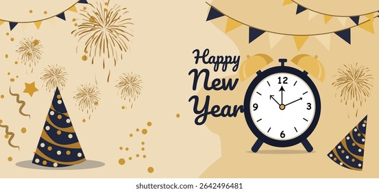 vector banners for Happy New Year celebrations. Features clocks at midnight, fireworks, champagne, confetti and party hats. Ideal for web headers, greetings and social media.