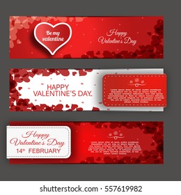 Vector banners of the Happy Valentine's Day on the red and white background with heart, stripes and abstract pattern.