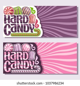 Vector banners for Hard Candy with copy space, 4 striped candies and christmas sweet cane stick, original brush typeface for words hard candy, in layout flyer purple and pink waves background for text