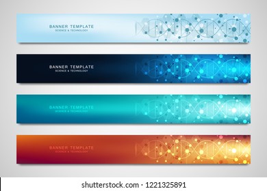 Vector banners and headers for site with DNA strand and molecular structure. Genetic engineering or laboratory research. Abstract geometric texture for medical, science and technology design.