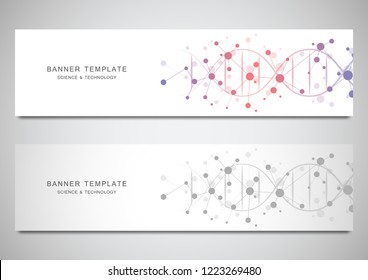 Vector banners and headers for site with DNA strand and molecular structure. Genetic engineering or laboratory research. Abstract geometric texture for medical, science and technology design