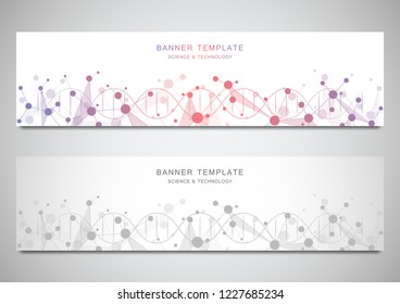Vector banners and headers for site with DNA strand and molecular structure. Genetic engineering or laboratory research. Abstract geometric texture for medical, science and technology design
