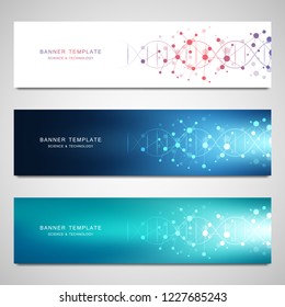 Vector banners and headers for site with DNA strand and molecular structure. Genetic engineering or laboratory research. Abstract geometric texture for medical, science and technology design