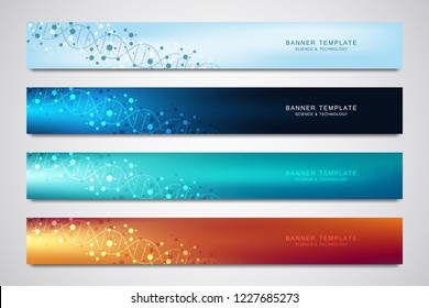 Vector banners and headers for site with DNA strand and molecular structure. Genetic engineering or laboratory research. Abstract geometric texture for medical, science and technology design