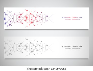 Vector banners and headers for site with DNA strand and molecular structure. Genetic engineering or laboratory research. Abstract geometric texture for medical, science and technology design