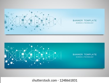 Vector banners and headers for site with DNA strand and molecular structure. Genetic engineering or laboratory research. Abstract geometric texture for medical, science and technology design