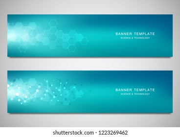 Vector banners and headers for site with molecules background and neural network. Genetic engineering or laboratory research. Abstract geometric texture for medical, science and technology design