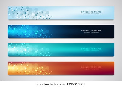 Vector banners and headers for site with molecules background and neural network. Genetic engineering or laboratory research. Abstract geometric texture for medical, science and technology design