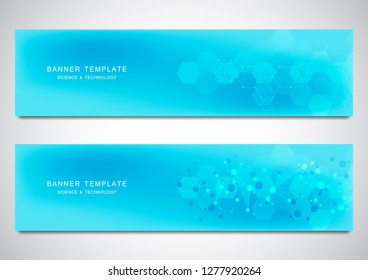 Vector banners and headers for site with molecules background and neural network. Genetic engineering or laboratory research. Abstract geometric texture for medical, science and technology design