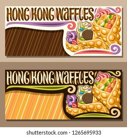 Vector banners for Hong Kong Waffle with copy space, 3 different bubble waffle cones stuffed soft serve ice cream and fresh fruits, original lettering for words hong kong waffles, sweet asian cuisine.