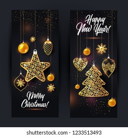 Vector banners illustration of christmas background with christmas ball star snowflake confetti gold on black color.