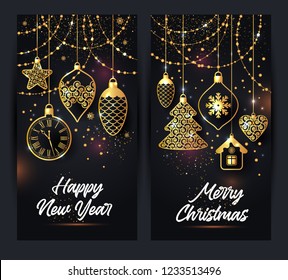 Vector banners illustration of christmas background with christmas ball star snowflake confetti gold on black color.