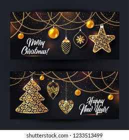 Vector banners illustration of christmas background with christmas ball star snowflake confetti gold on black color.