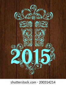 Vector banners with illustration of holidays decor: gift box and bow. Design elements of ornamental style on wood background. Christmas and New Year 2015 number background