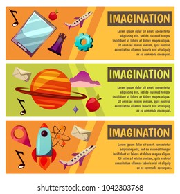 Vector banners. Imagination and exploration. Science and research. Rocket launch. Discovery new world, start new business