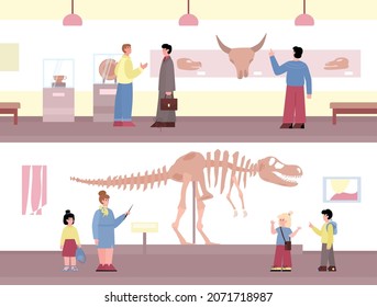 Vector banners with interior paleontology museum and visitors of exhibition skeleton fossil animals. School children listen to guide and adult people view ancient bones and skulls.