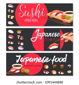 Vector banners japanese sushi roll for design seafood sushi bar. Asian cuisine promotion flyer.