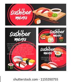 Vector banners japanese sushi roll for design seafood sushi bar. Asian cuisine promotion posters.