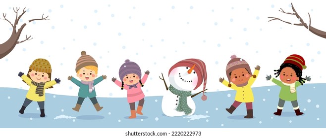 Vector banners kids playing in winter. Happy new year and Merry Christmas background