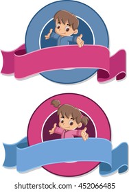 Carteles vectoriales y etiquetas antecedentes con bebé y niña. Niños guapos. Diseñar cintas de texto. 