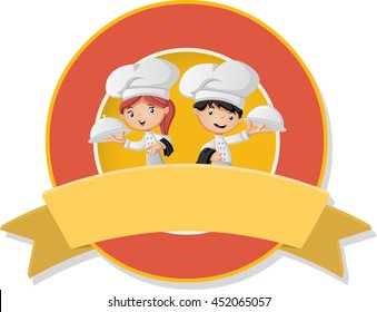 Vector banners and labels backgrounds with cartoon chefs holding tray with food. Design text ribbons. 

