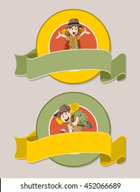 Vector banners and labels backgrounds with cartoon kids in explorer outfit. Design text ribbons. 
