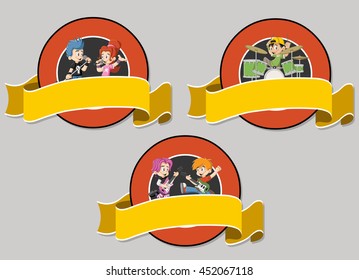 Vector banners and labels backgrounds with cartoon children playing on a rock'n'roll band. Design text ribbons. 