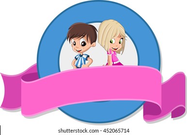 Vector banners and labels backgrounds with happy cartoon children. Boy and girl. Cute kids. Design text ribbons. 
